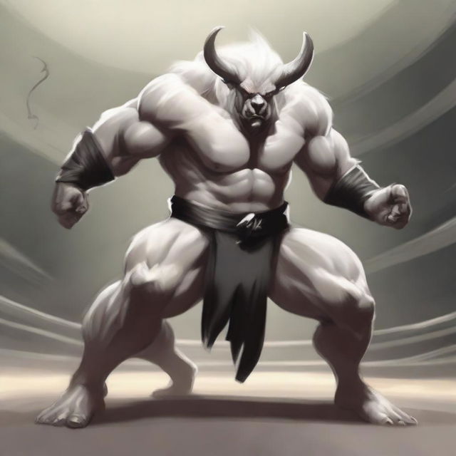 An albino Minotaur in a martial arts fight pose with angry eyes