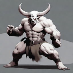 An albino Minotaur in a martial arts fight pose with angry eyes