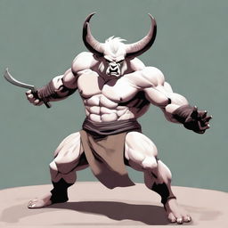 An albino Minotaur in a martial arts fight pose with angry eyes