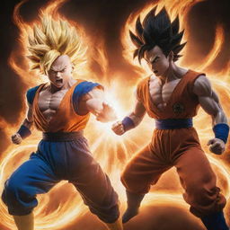 Goku and Vegeta, two powerful warriors from the Dragon Ball series, in an intense battle, with energy blasts illuminating the scene.