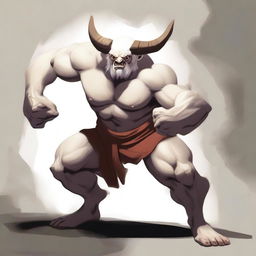 An albino Minotaur in a martial arts fight pose with angry eyes