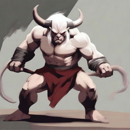 An albino Minotaur in a martial arts fight pose with angry eyes