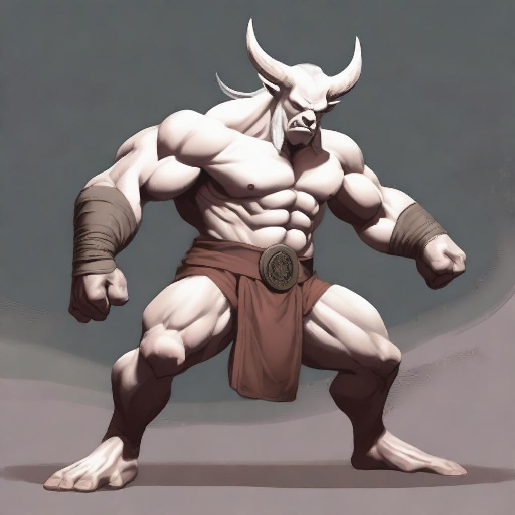 An albino Minotaur in a martial arts fight pose with angry eyes