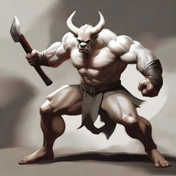 An albino Minotaur in a martial arts fight pose with angry eyes