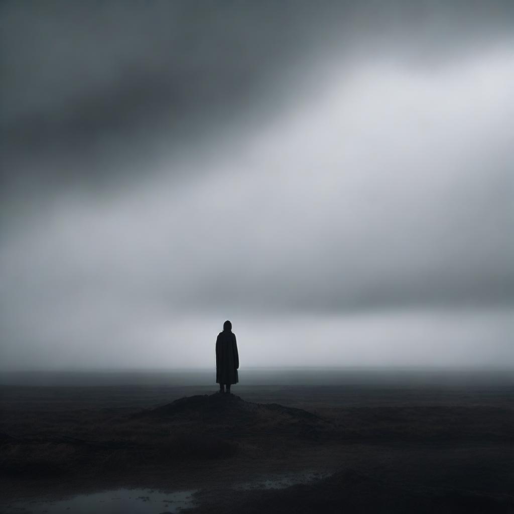 A melancholic dreamscape featuring a lone figure standing in a misty, desolate landscape