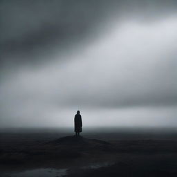 A melancholic dreamscape featuring a lone figure standing in a misty, desolate landscape