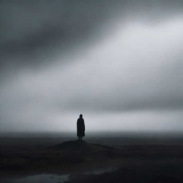 A melancholic dreamscape featuring a lone figure standing in a misty, desolate landscape