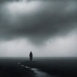 A melancholic dreamscape featuring a lone figure standing in a misty, desolate landscape