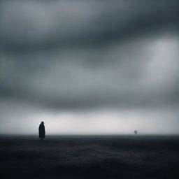 A melancholic dreamscape featuring a lone figure standing in a misty, desolate landscape