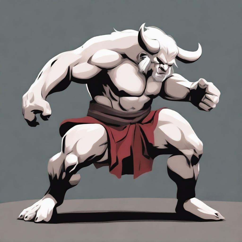 An albino Minotaur in a martial arts fight pose with angry eyes