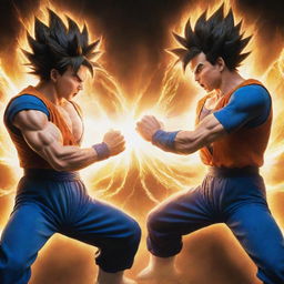 Goku and Vegeta, two powerful warriors from the Dragon Ball series, in an intense battle, with energy blasts illuminating the scene.