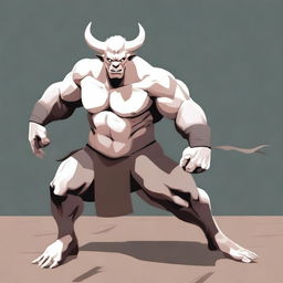 An albino Minotaur in a martial arts fight pose with angry eyes