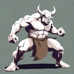 An albino Minotaur in a martial arts fight pose with angry eyes