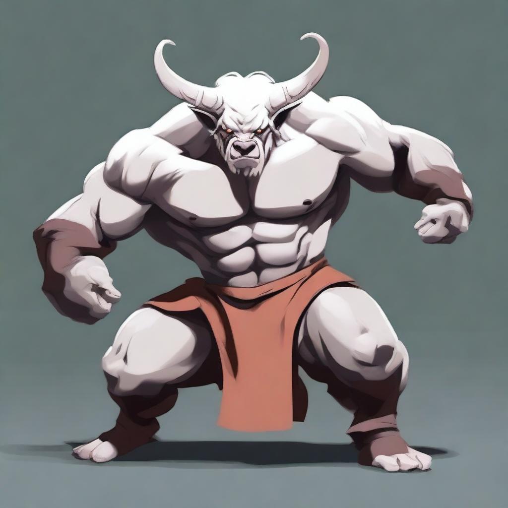 An albino Minotaur in a martial arts fight pose with angry eyes