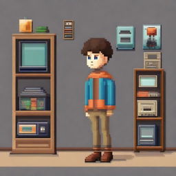 A pixel art drawing of a nostalgic boy