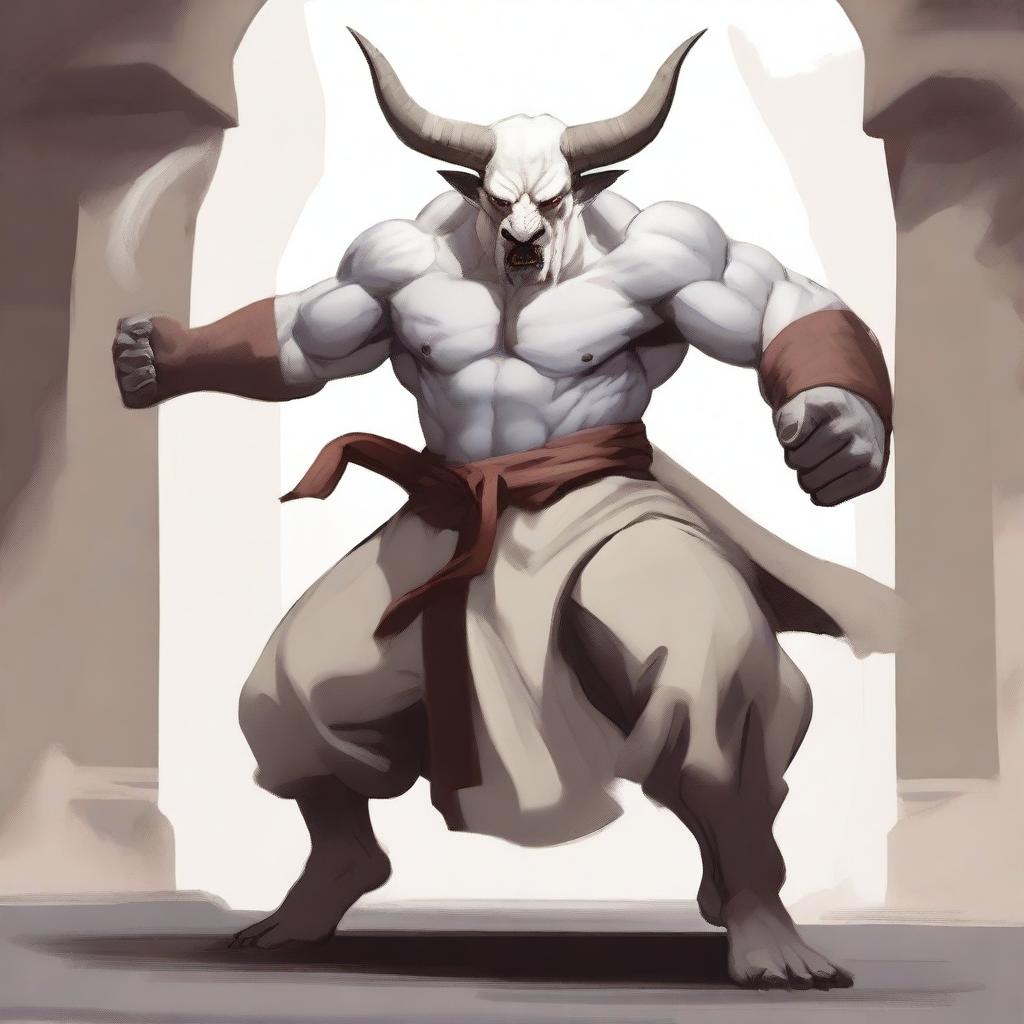 A D&D albino Minotaur Monk in a martial arts pose with angry eyes