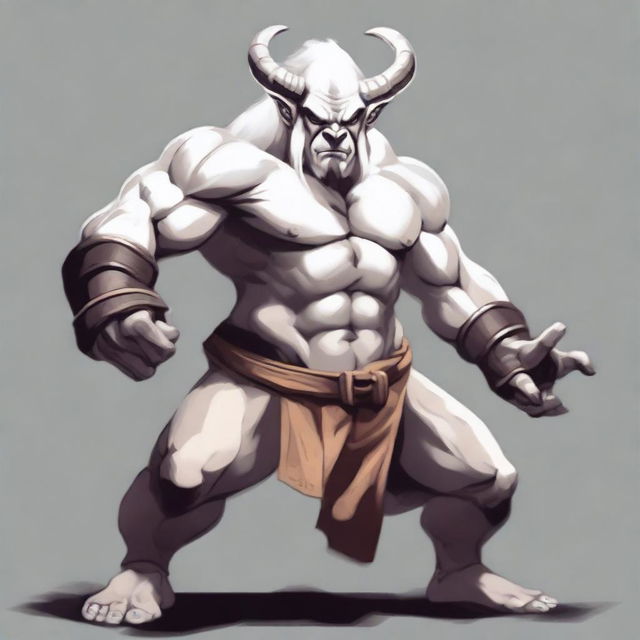 A D&D albino Minotaur Monk in a martial arts pose with angry eyes