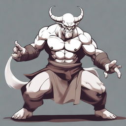 A D&D albino Minotaur Monk in a martial arts pose with angry eyes