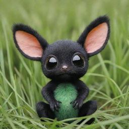 A cute small creature with hands and legs, colored in black, sitting in a vibrant green grass field