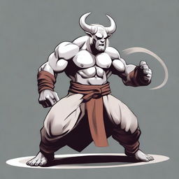 A D&D albino Minotaur Monk in a martial arts pose with angry eyes