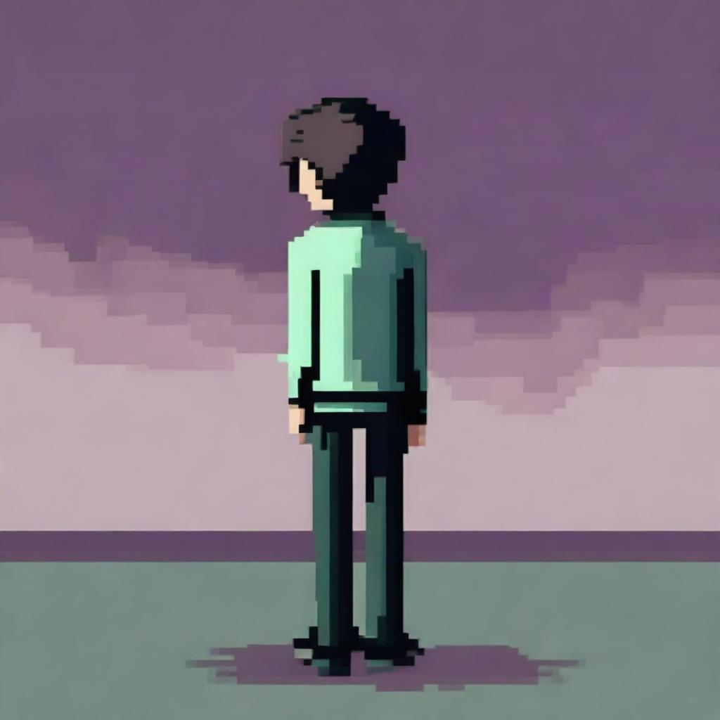 A pixel art drawing of a sad boy from behind