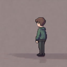 A pixel art drawing of a sad boy from behind