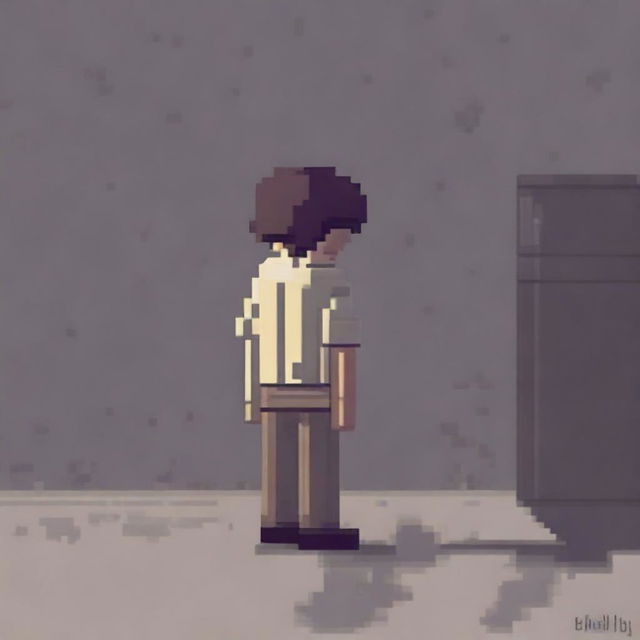 A pixel art drawing of a sad boy from behind