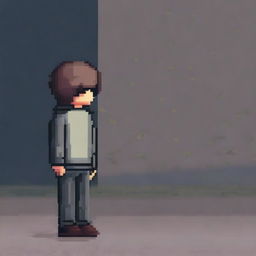 A pixel art drawing of a sad boy from behind