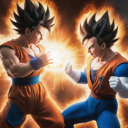 Goku and Vegeta, two powerful warriors from the Dragon Ball series, in an intense battle, with energy blasts illuminating the scene.