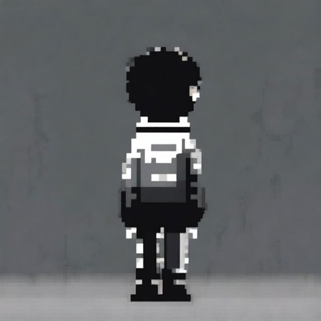 A black and white pixel art drawing of a sad boy from behind