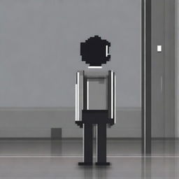 A black and white pixel art drawing of a sad boy from behind