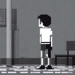 A black and white pixel art drawing of a sad boy from behind