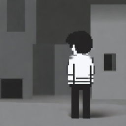 A black and white pixel art drawing of a sad boy from behind