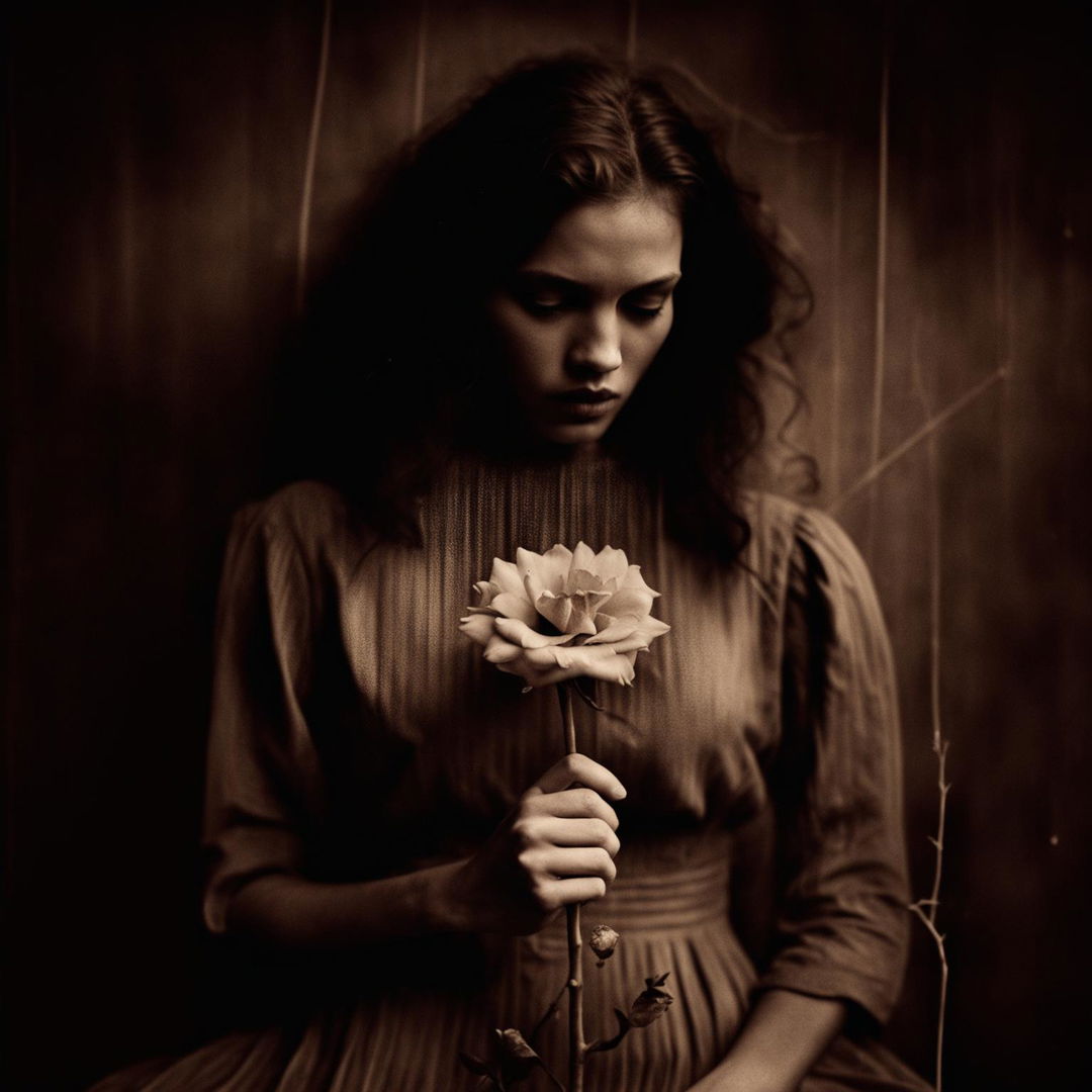 An image with a grainy brown background and elements like a wilted flower or a solitary figure to evoke sweet sorrow.