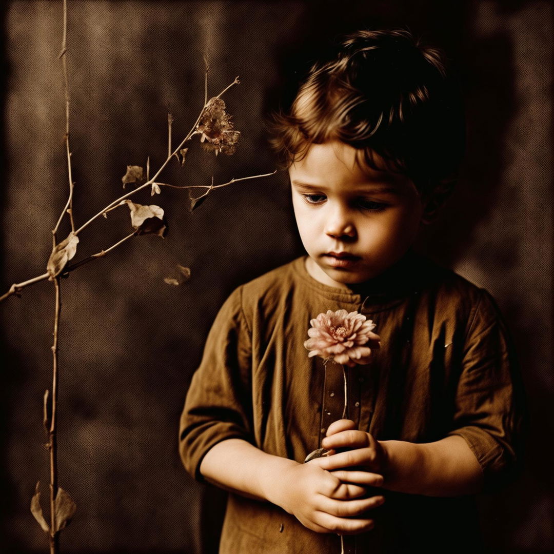 An image with a grainy brown background, featuring a small child holding a wilted flower, with a melancholic and reflective mood