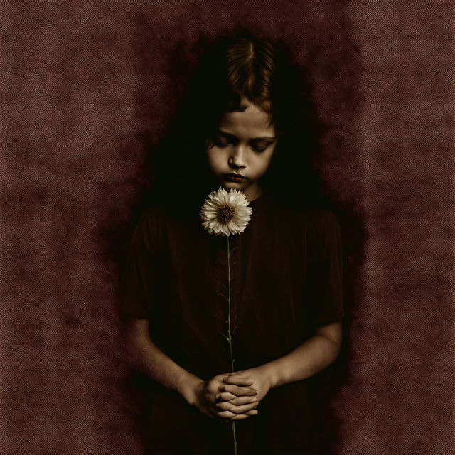 An abstract image with a grainy brown background, featuring a young girl holding a wilted flower, with a melancholic and reflective mood