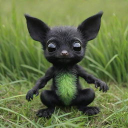 A cute small creature with hands and legs, colored in black, sitting in a vibrant green grass field