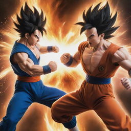 Goku and Vegeta, two powerful warriors from the Dragon Ball series, in an intense battle, with energy blasts illuminating the scene.