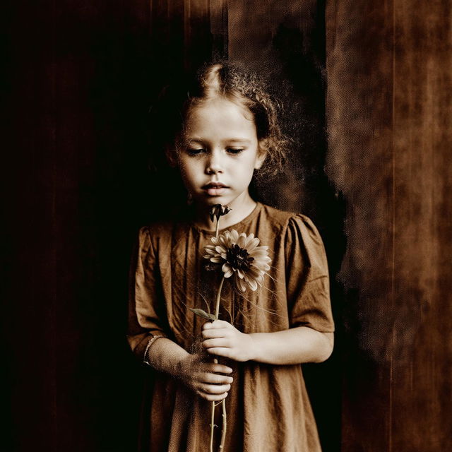 An abstract image with a grainy brown background, featuring a very young girl with sandy curly hair holding a wilted flower, with a melancholic and reflective mood