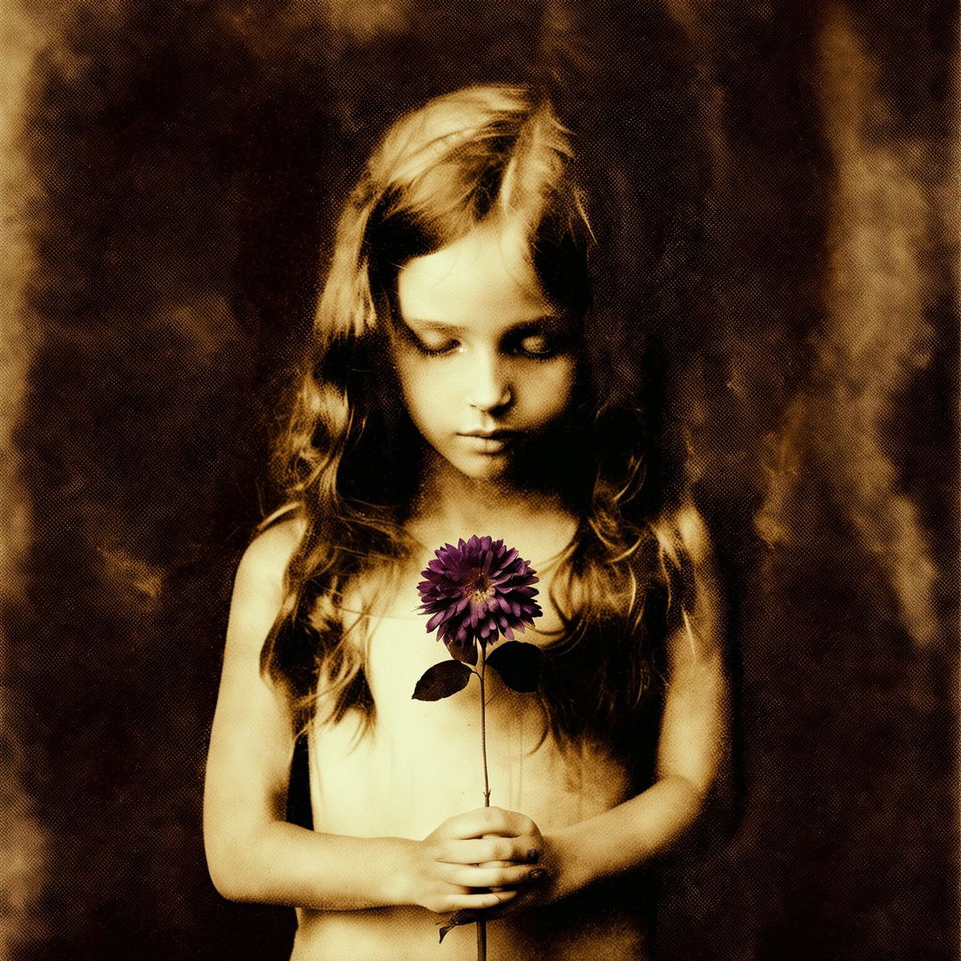 An abstract and surreal image with a grainy brown background, featuring a very young girl with sandy curly hair and a hidden face holding a dead purple flower, with a melancholic and reflective mood