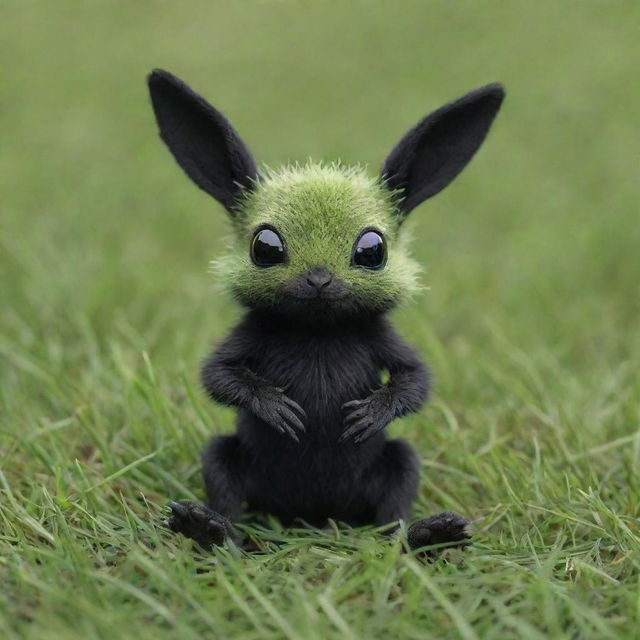 A cute small creature with hands and legs, colored in black, sitting in a vibrant green grass field