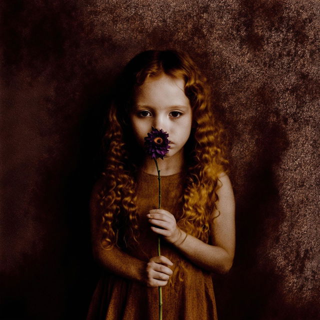 An abstract and surreal image with a grainy brown background, featuring a very young girl with golden curly hair holding a dead purple flower, with a hidden face and a melancholic and reflective mood