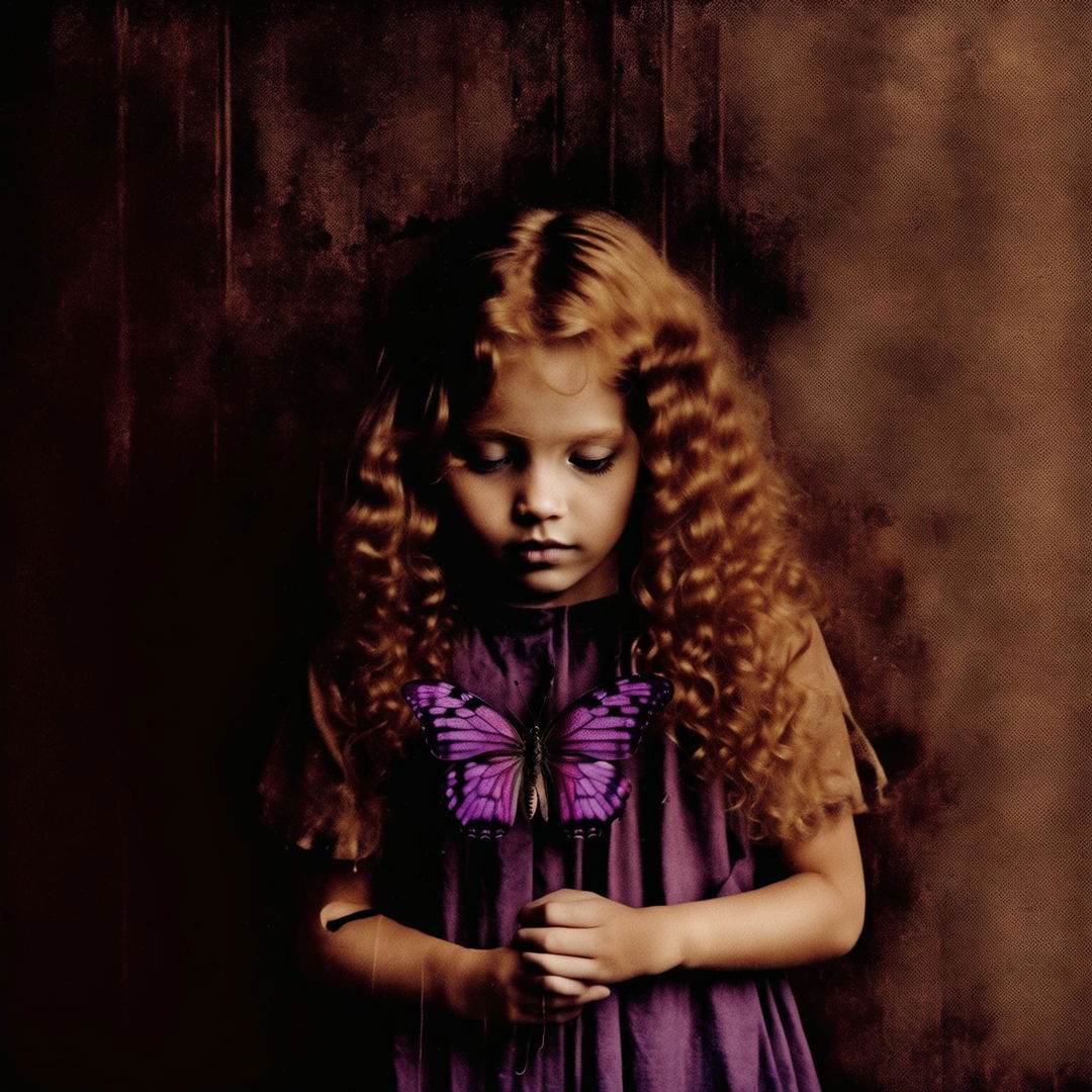 An abstract and surreal image with a grainy brown background, featuring a child girl with golden curly hair holding a purple butterfly, with a hidden face and a melancholic and reflective mood