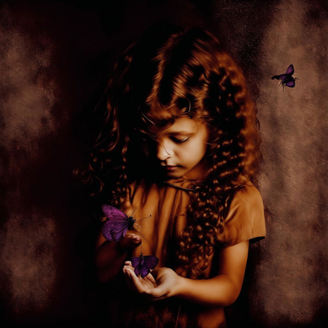 An abstract and surreal image with a grainy, rustic brown dark background, featuring a child girl with golden curly hair holding a tiny purple butterfly, with a hidden face and a melancholic and reflective mood