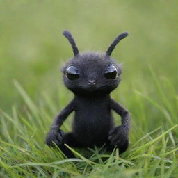 A cute small creature with hands and legs, colored in black, sitting in a vibrant green grass field