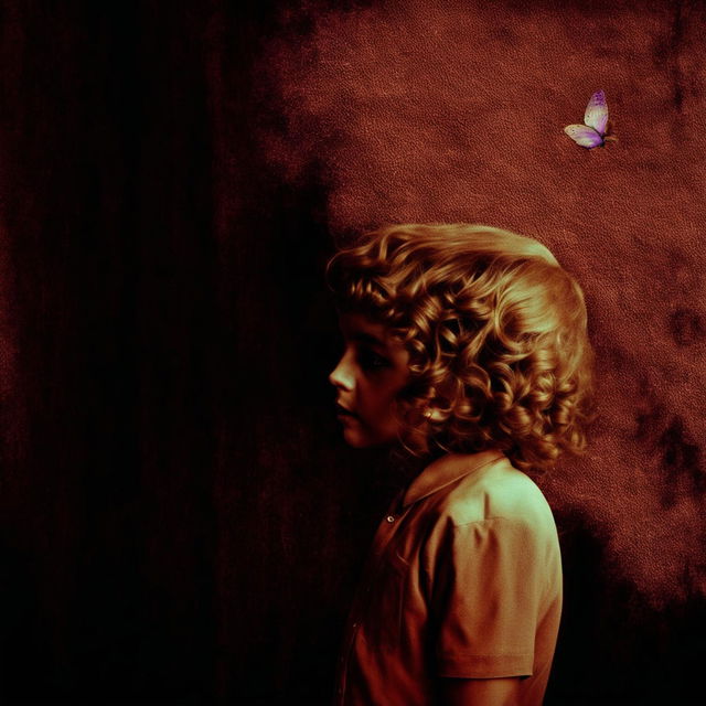 An abstract and surreal image with a grainy, rustic brown dark background, featuring a child girl with golden curly hair and a hidden face, and a tiny purple butterfly flying in the background