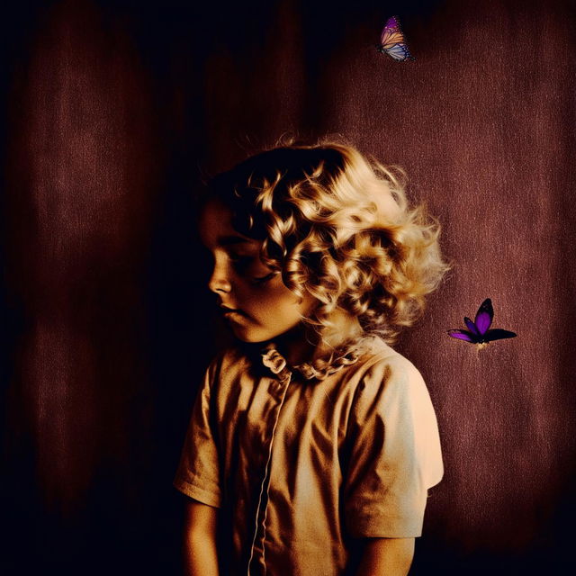 An abstract and surreal image with a grainy, rustic brown dark background, featuring a child girl with golden curly hair and a hidden face, and a tiny purple butterfly flying in the background