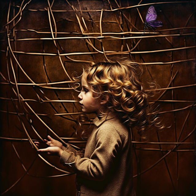 An abstract and surreal image with a grainy, rustic brown dark background interwoven with dark wires, featuring a child girl with golden curly hair and a hidden face, and a tiny purple butterfly flying in the background