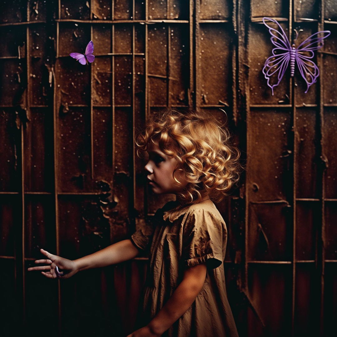 An abstract and surreal image with a grainy, rustic brown dark background featuring steel elements, a child girl with golden curly hair and a hidden face, and a tiny purple butterfly flying in the background