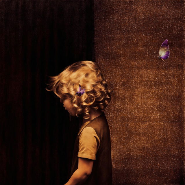 An abstract and surreal image with a grainy, rustic brown and dark steel background, featuring a child girl with hidden face and golden curly hair, and a tiny purple butterfly flying in the background